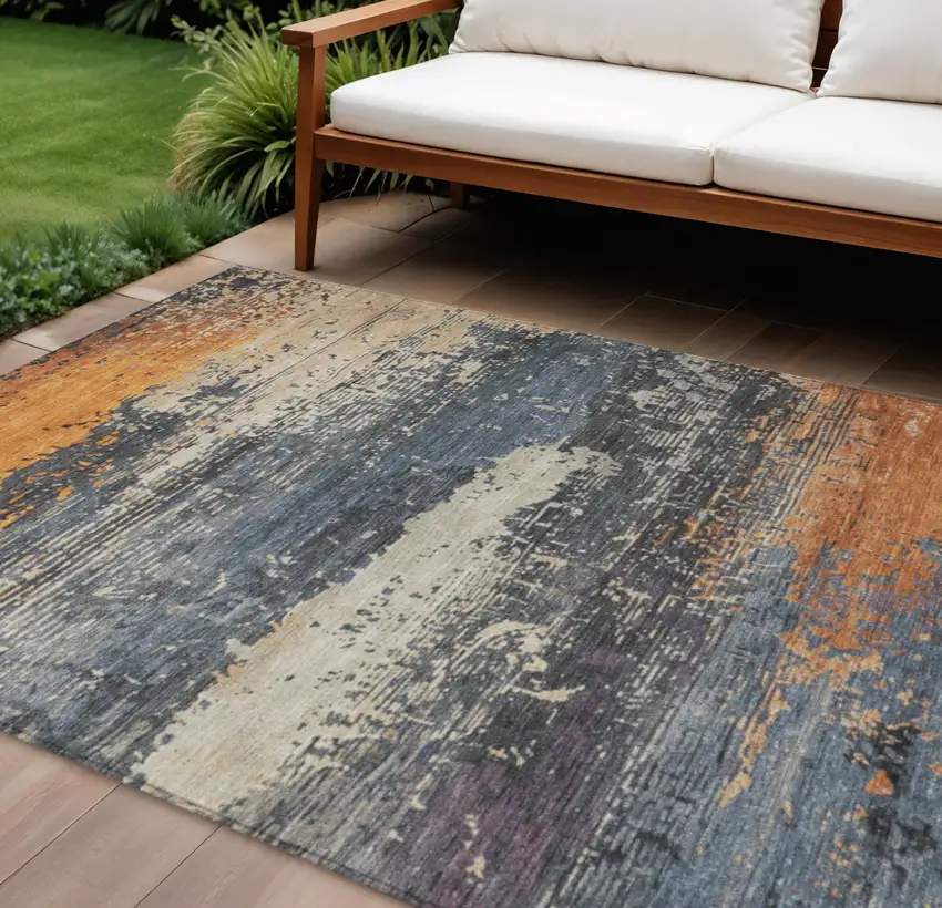 Blue Gray And Orange Abstract Washable Indoor Outdoor Area Rug Photo 2