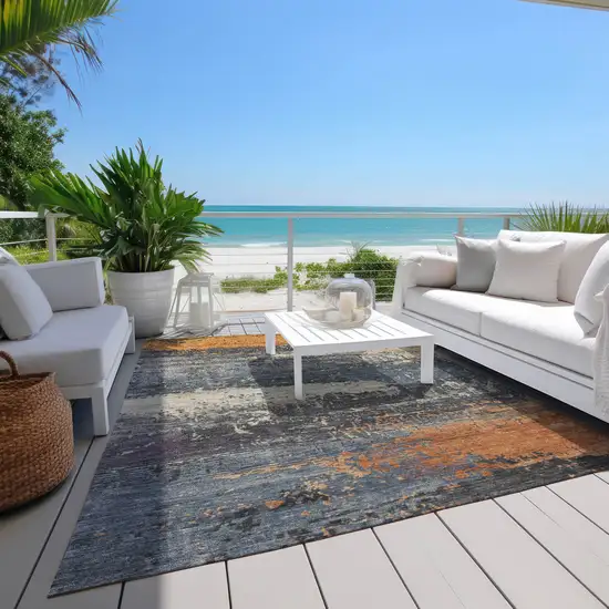 Blue Gray And Orange Abstract Washable Indoor Outdoor Area Rug Photo 8