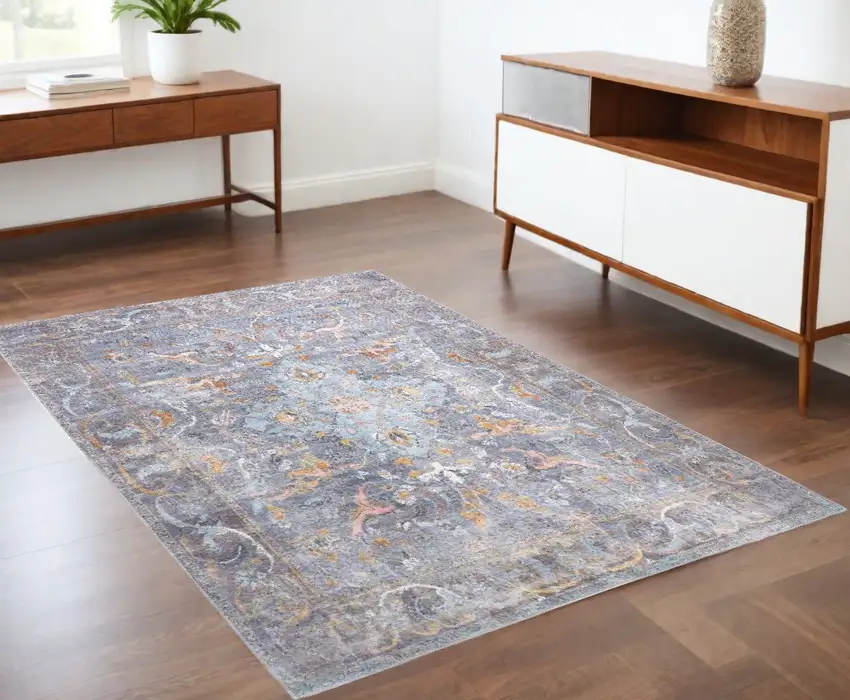 Blue Gray And Orange Floral Area Rug Photo 1