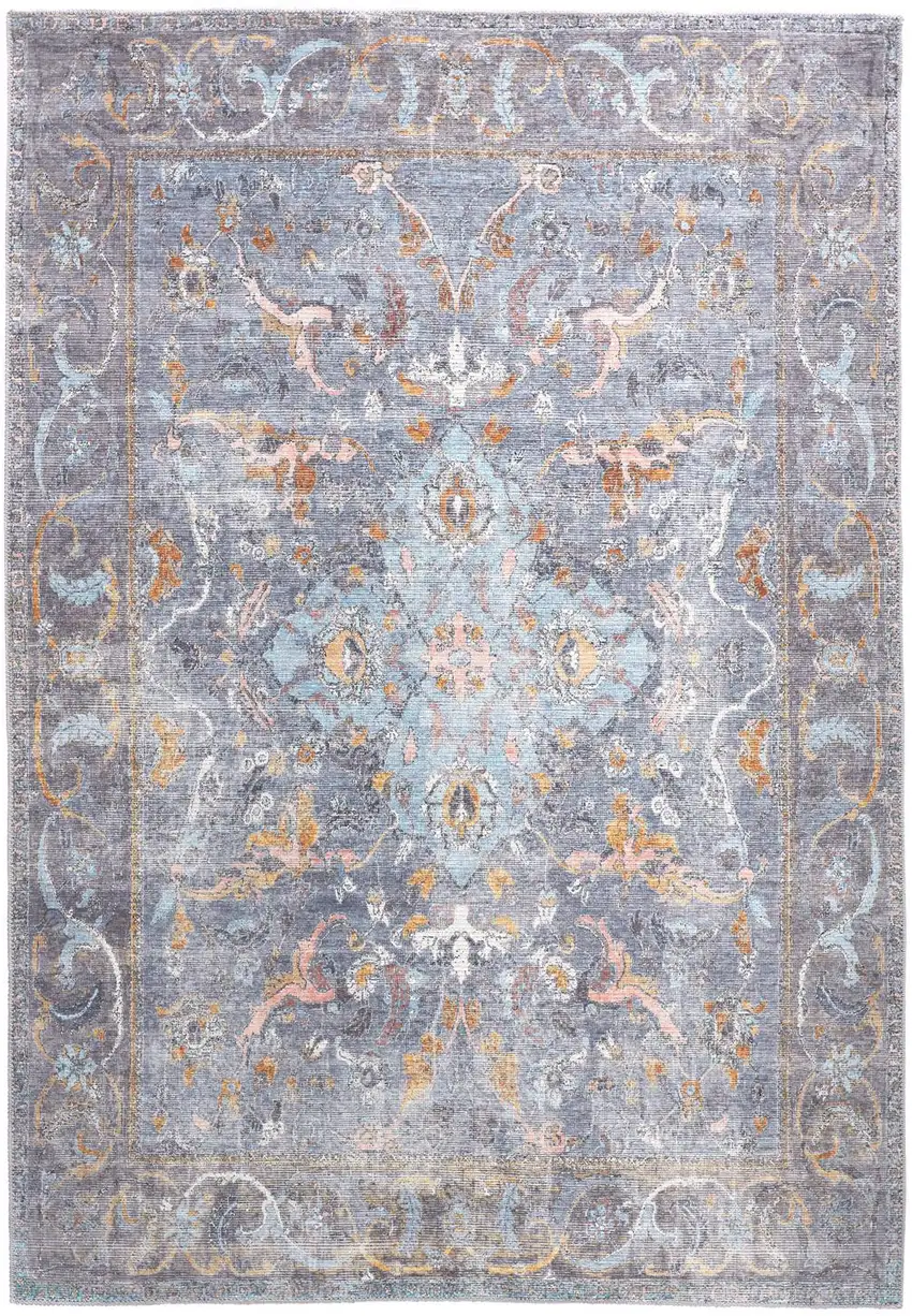 Blue Gray And Orange Floral Area Rug Photo 2