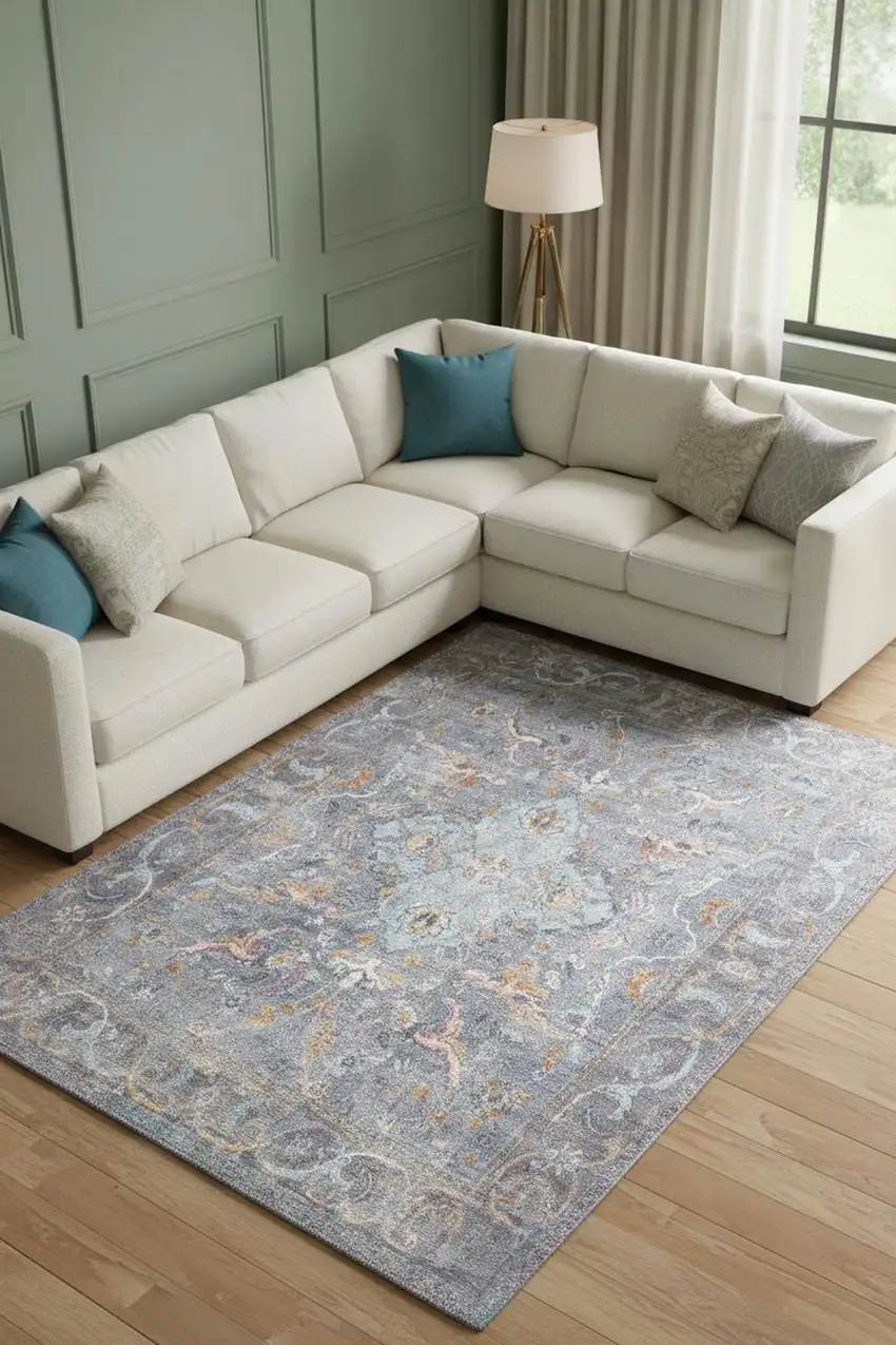 Blue And Gray Floral Medallion Area Rug Photo 1