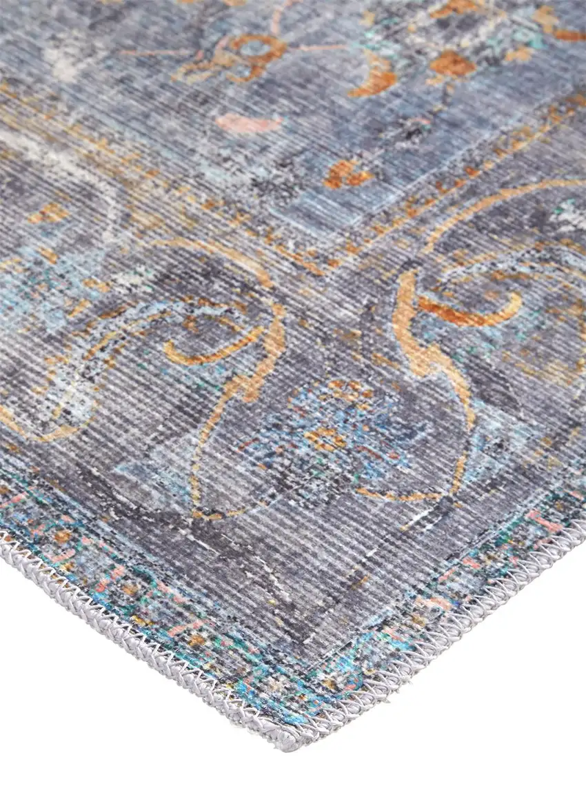 Blue Gray And Orange Floral Area Rug Photo 4