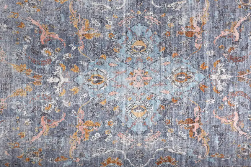 Blue Gray And Orange Floral Area Rug Photo 9