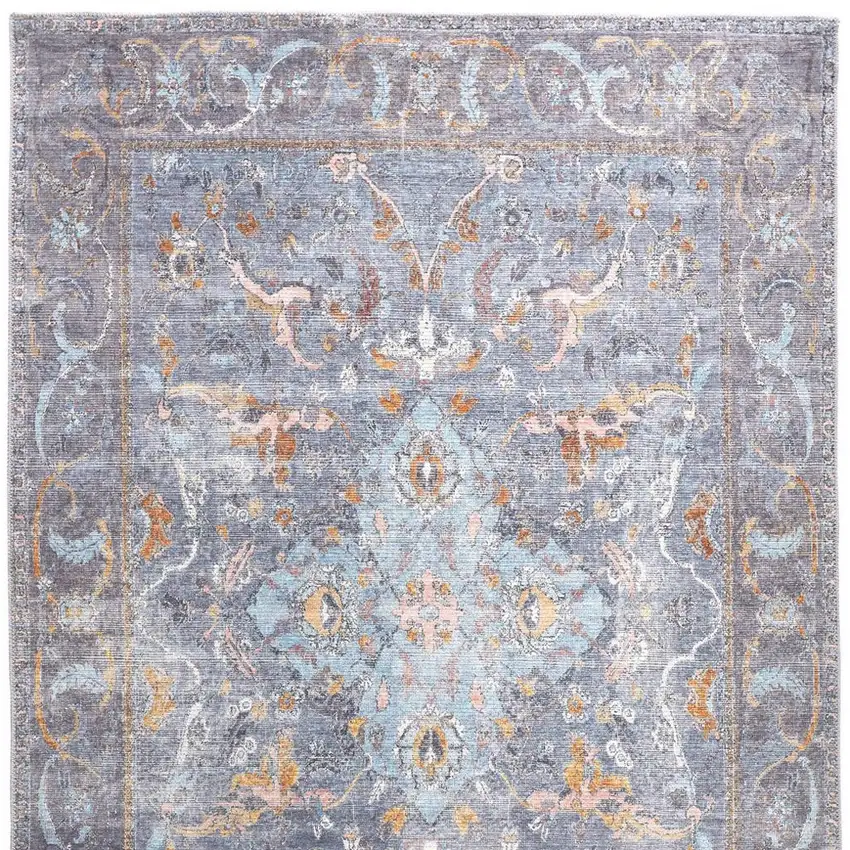 Blue Gray And Orange Floral Area Rug Photo 9