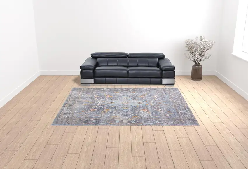 Blue Gray And Orange Floral Area Rug Photo 3
