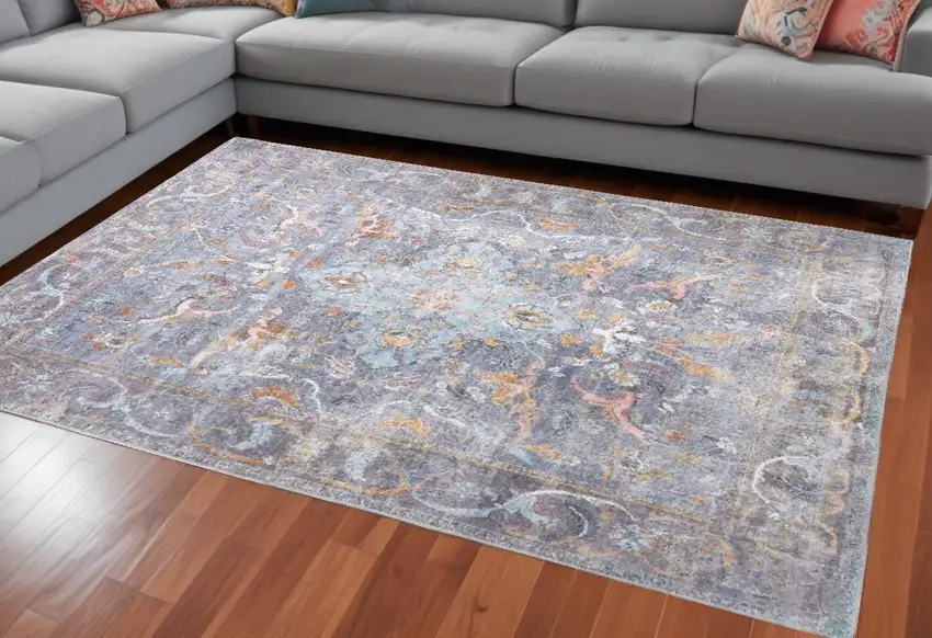 Blue Gray And Orange Floral Area Rug Photo 1