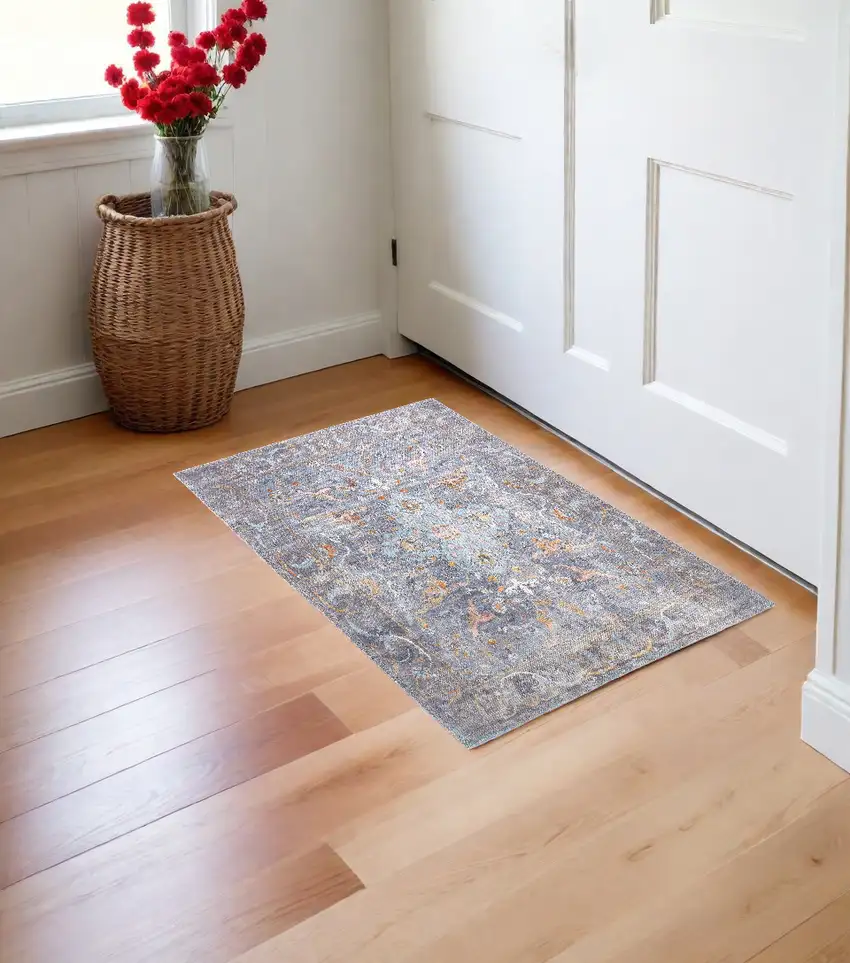 Blue Gray And Orange Floral Area Rug Photo 1