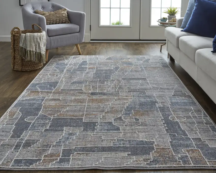 Blue Gray And Orange Geometric Power Loom Stain Resistant Area Rug Photo 7