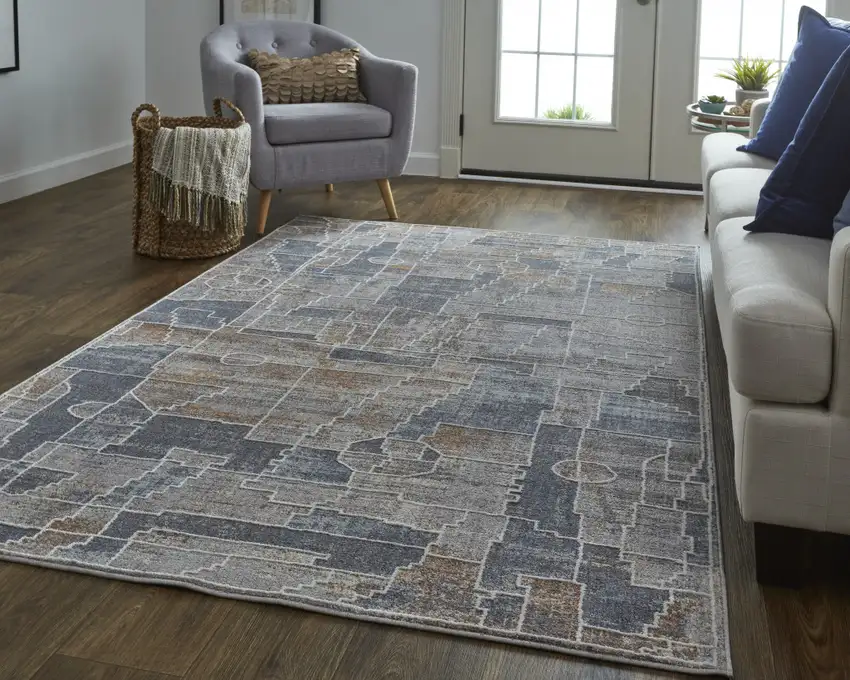 Blue Gray And Orange Geometric Power Loom Stain Resistant Area Rug Photo 8