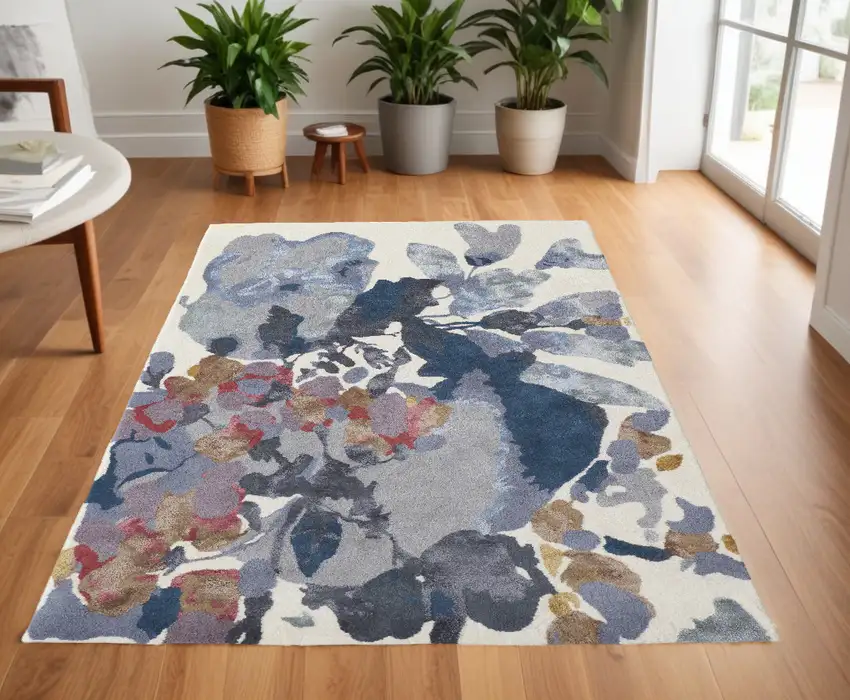 Blue Gray and Pink Wool Floral Hand Tufted Area Rug Photo 1