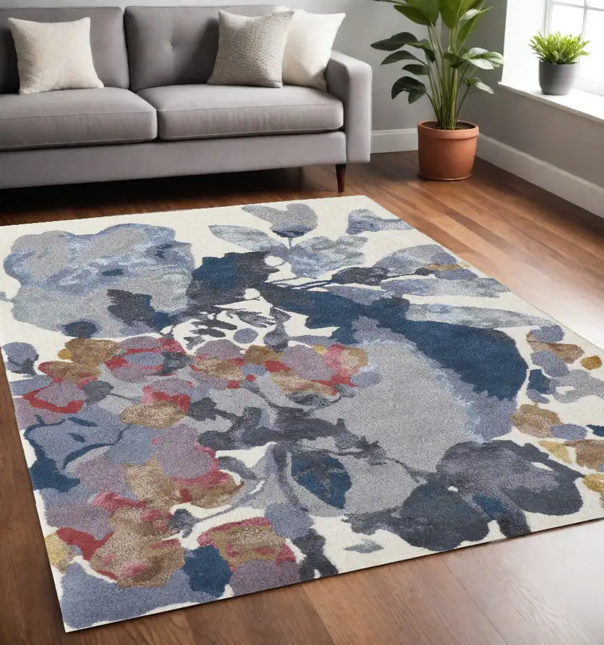 Blue Gray and Pink Wool Floral Hand Tufted Area Rug Photo 1