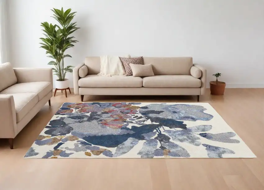 Blue Gray and Pink Wool Floral Hand Tufted Area Rug Photo 1