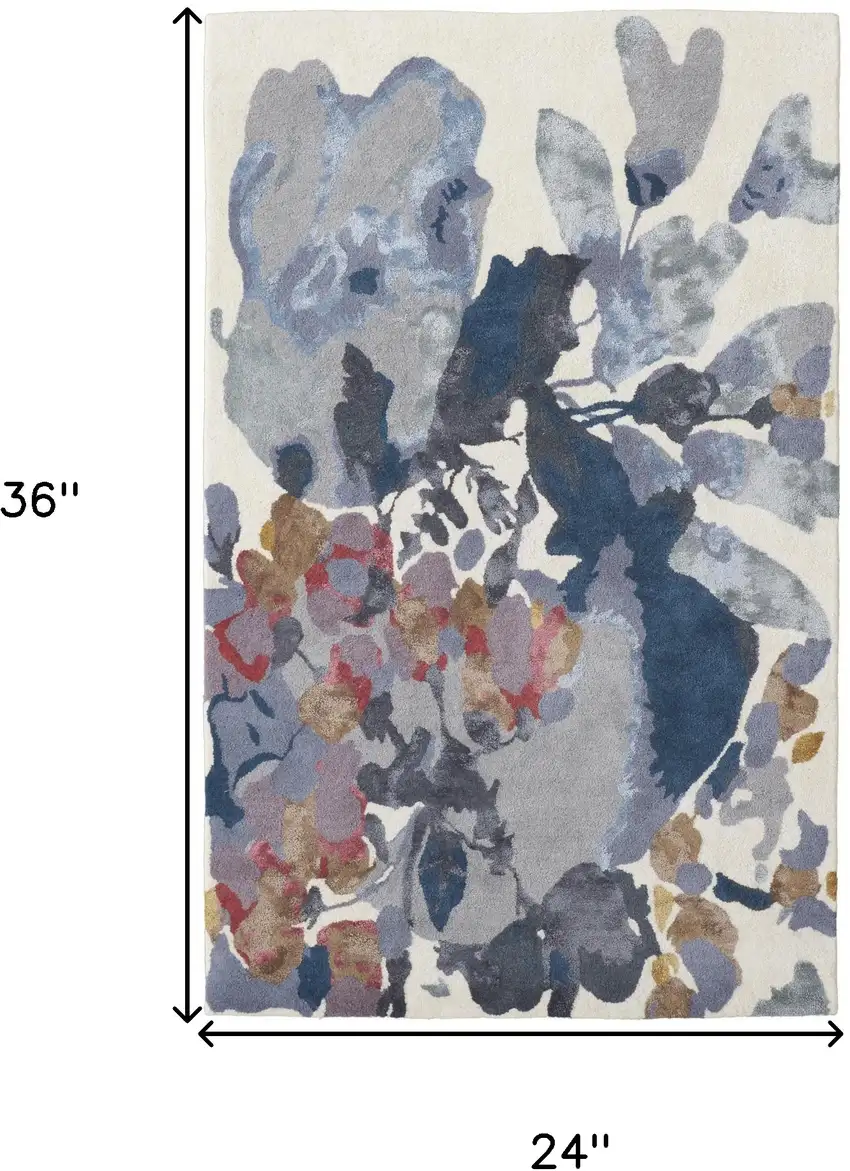 Blue Gray And Pink Wool Floral Tufted Handmade Area Rug Photo 9