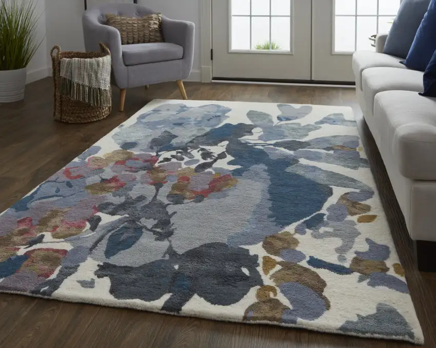 Blue Gray And Pink Wool Floral Tufted Handmade Area Rug Photo 8