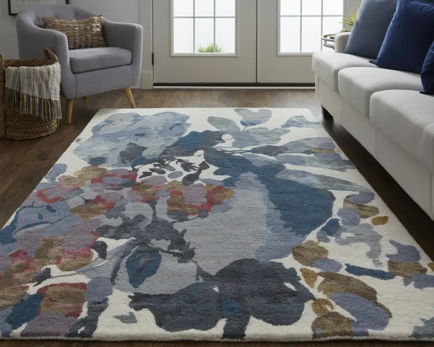 Blue Gray And Pink Wool Floral Tufted Handmade Area Rug Photo 7
