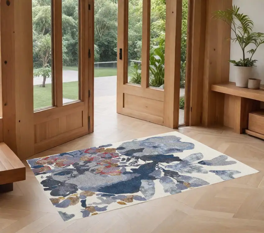 Blue Gray and Pink Wool Floral Hand Tufted Area Rug Photo 1
