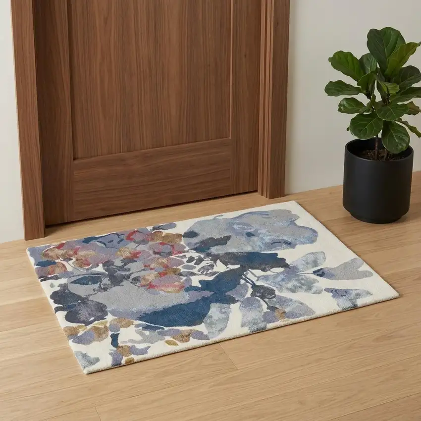 Blue Gray and Pink Wool Floral Hand Tufted Area Rug Photo 1