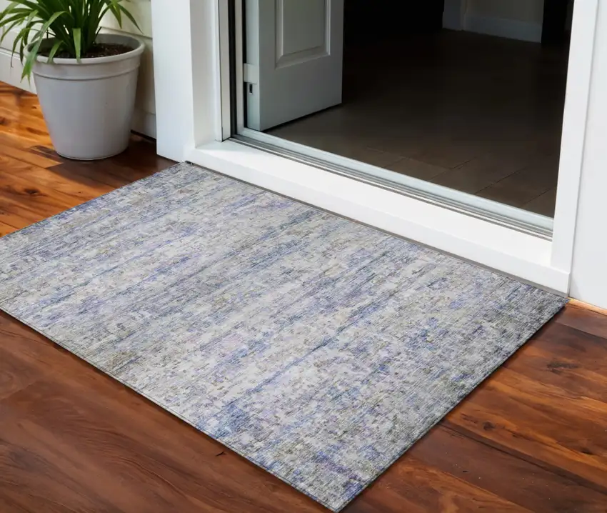 Blue Gray And Purple Striped Washable Indoor Outdoor Area Rug Photo 1