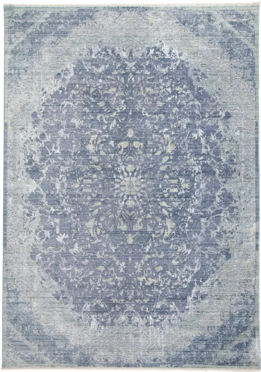 Blue Gray And Silver Abstract Distressed Area Rug With Fringe Photo 1