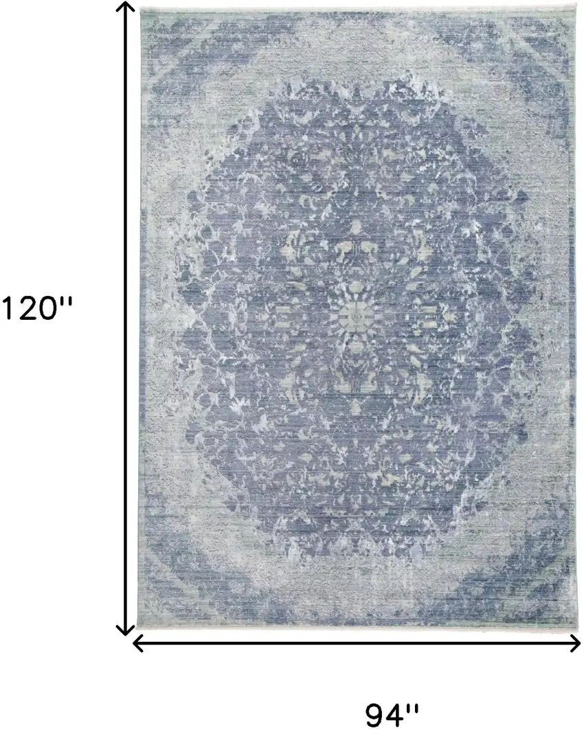 Blue Gray And Silver Abstract Distressed Area Rug With Fringe Photo 10