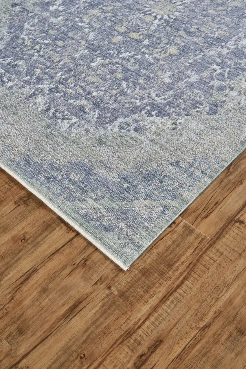 Blue Gray And Silver Abstract Distressed Area Rug With Fringe Photo 3