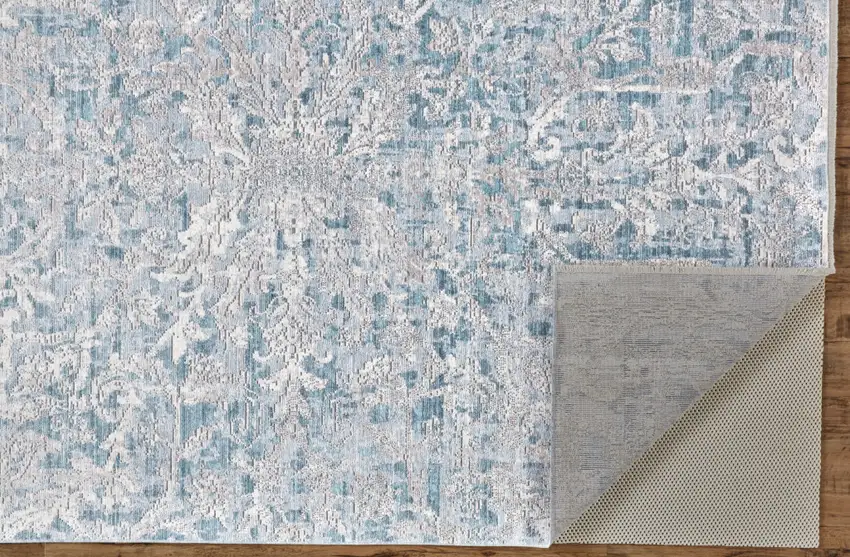 Blue Gray And Silver Abstract Distressed Area Rug With Fringe Photo 6