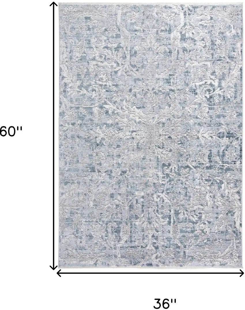 Blue Gray And Silver Abstract Distressed Area Rug With Fringe Photo 10