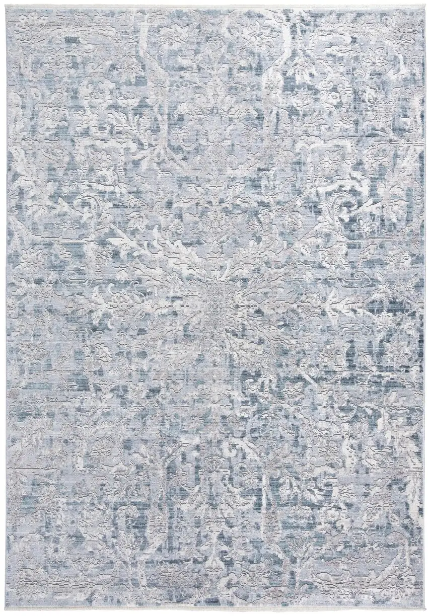 Blue Gray And Silver Abstract Distressed Area Rug With Fringe Photo 1