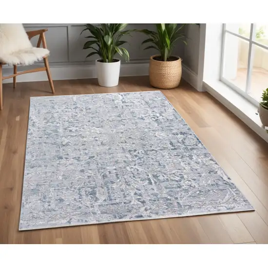 Blue and Gray Abstract Distressed Area Rug With Fringe Photo 1