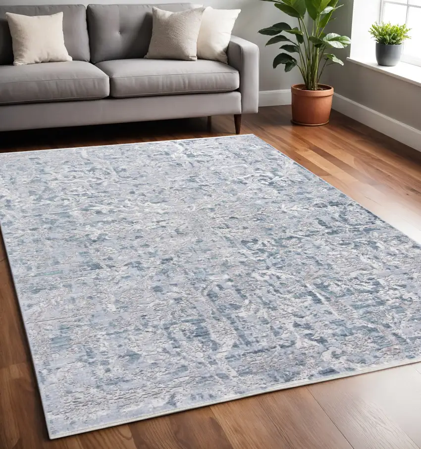 Blue and Gray Abstract Distressed Area Rug With Fringe Photo 1