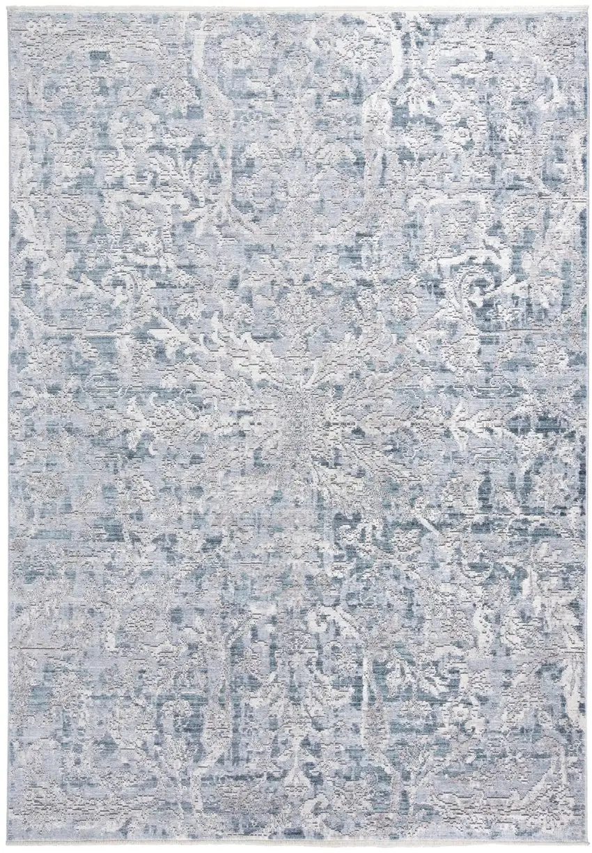 Blue Gray And Silver Abstract Distressed Area Rug With Fringe Photo 1