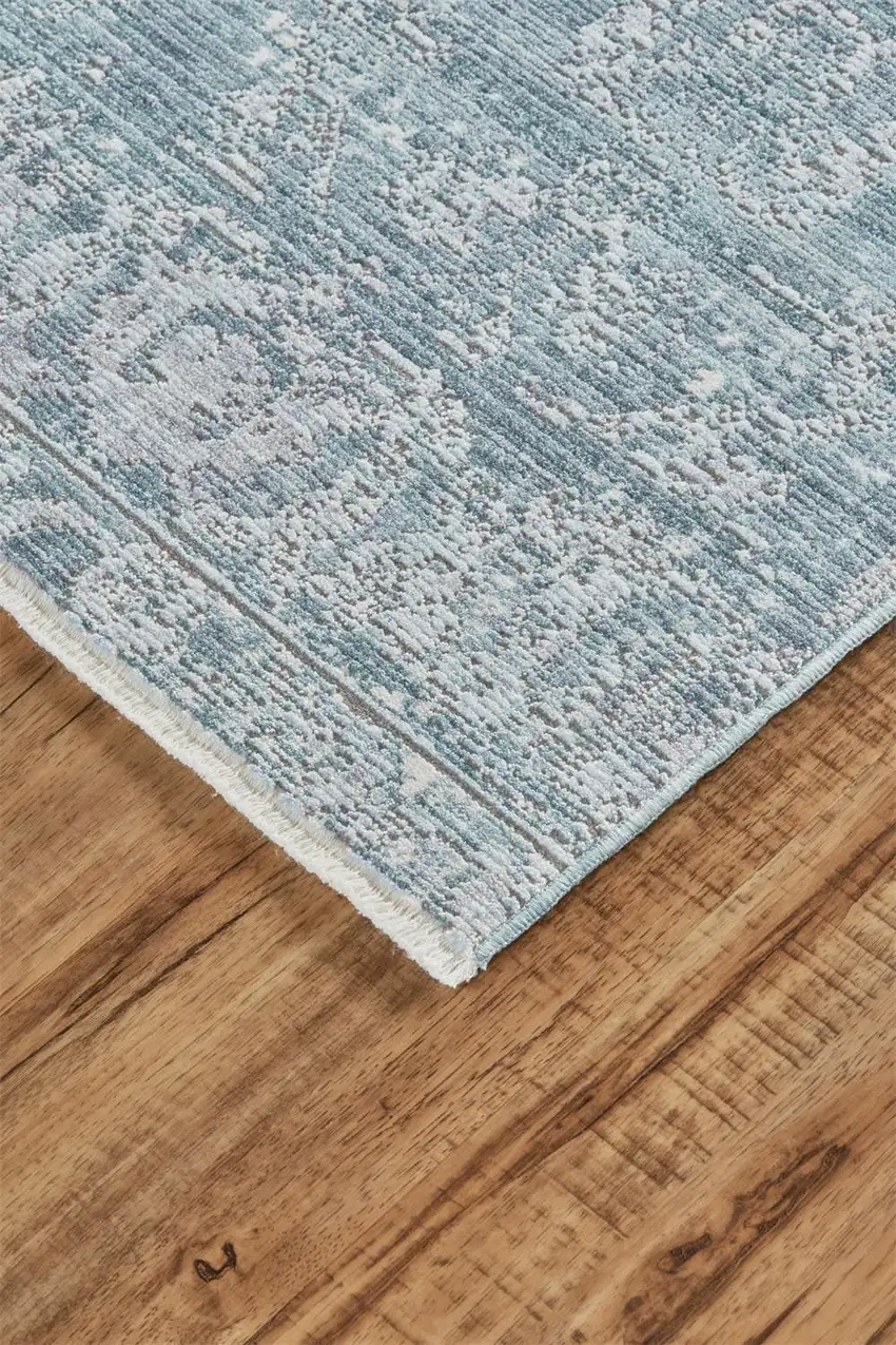 Blue Gray And Silver Abstract Distressed Area Rug With Fringe Photo 3