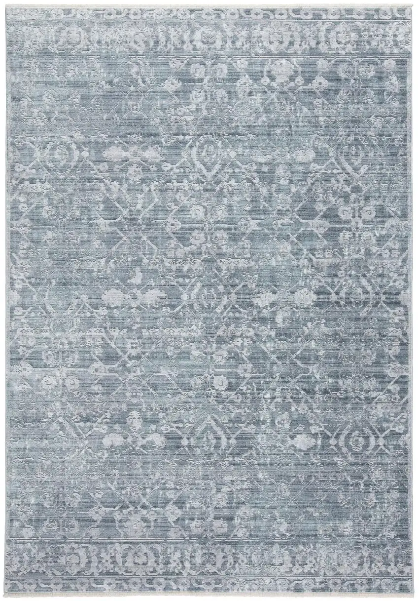 Blue Gray And Silver Abstract Distressed Area Rug With Fringe Photo 1