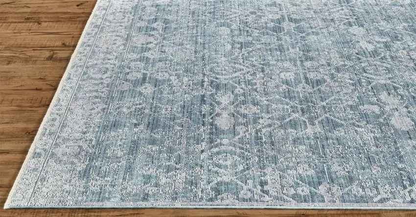 Blue Gray And Silver Abstract Distressed Area Rug With Fringe Photo 5