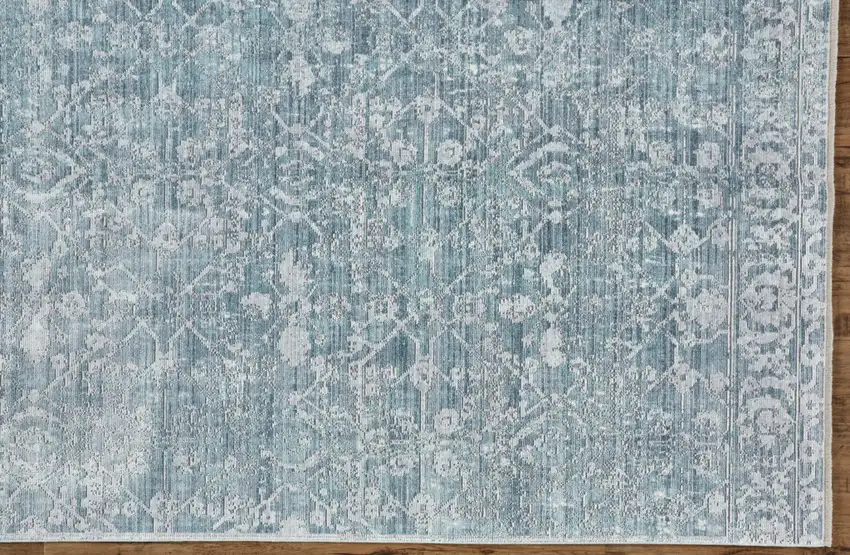 Blue Gray And Silver Abstract Distressed Area Rug With Fringe Photo 6