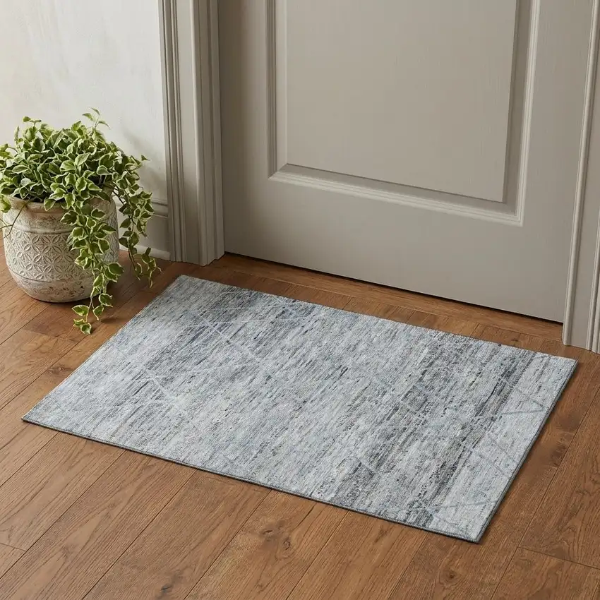 Blue Gray And Silver Abstract Geometric Washable Area Rug With UV Protection Photo 1