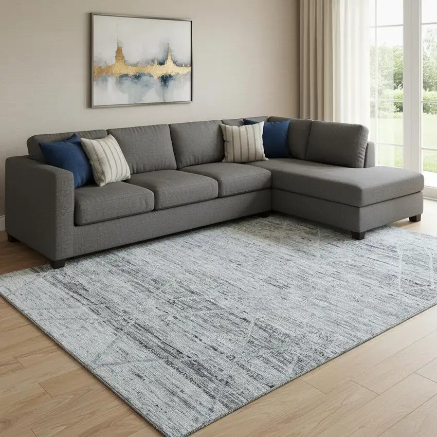 Blue Gray And Silver Abstract Geometric Washable Area Rug With UV Protection Photo 2