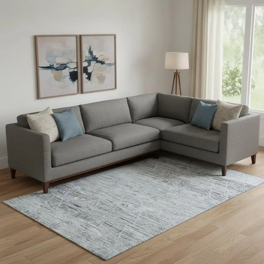 Blue Gray And Silver Abstract Geometric Washable Area Rug With UV Protection Photo 2