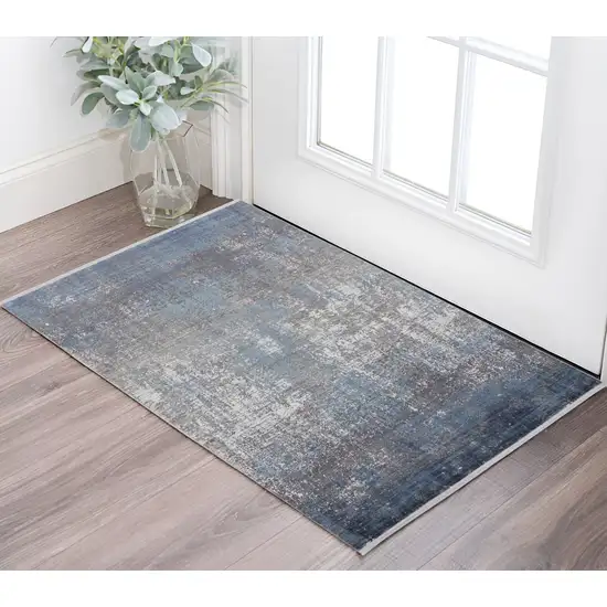 Blue and Gray Abstract Power Loom Distressed Area Rug With Fringe Photo 1