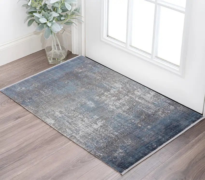Blue and Gray Abstract Power Loom Distressed Area Rug With Fringe Photo 1