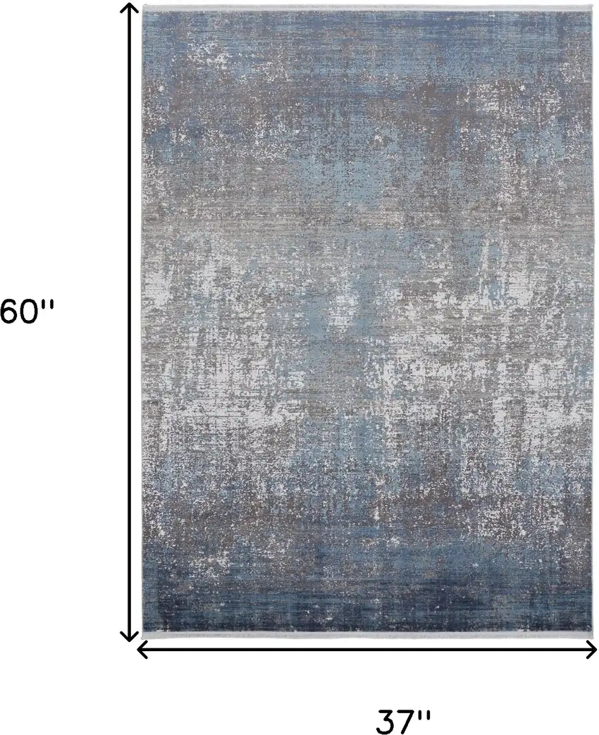 Blue Gray And Silver Abstract Power Loom Distressed Area Rug With Fringe Photo 10