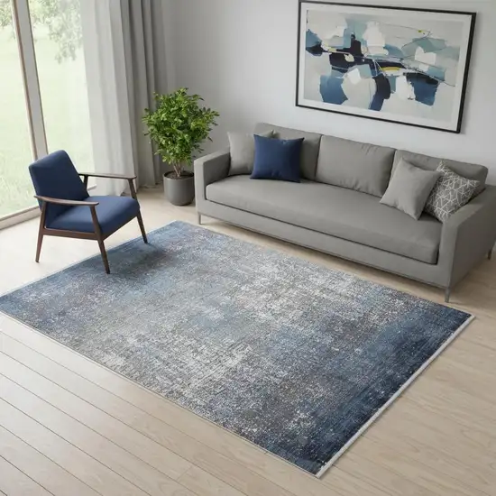 Blue Gray And Silver Abstract Power Loom Distressed Area Rug With Fringe Photo 1