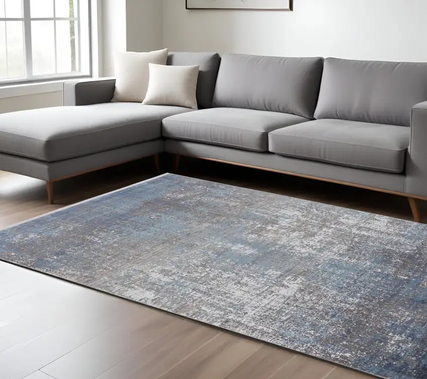 Blue and Gray Abstract Power Loom Distressed Area Rug With Fringe Photo 1