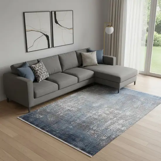 Blue Gray And Silver Abstract Power Loom Distressed Area Rug With Fringe Photo 1