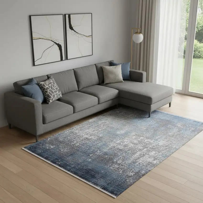 Blue Gray And Silver Abstract Power Loom Distressed Area Rug With Fringe Photo 1
