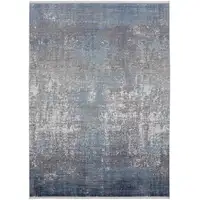 Photo of Blue Gray And Silver Abstract Power Loom Distressed Area Rug With Fringe