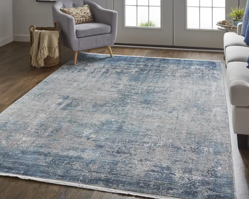Blue Gray And Silver Abstract Power Loom Distressed Area Rug With Fringe Photo 7