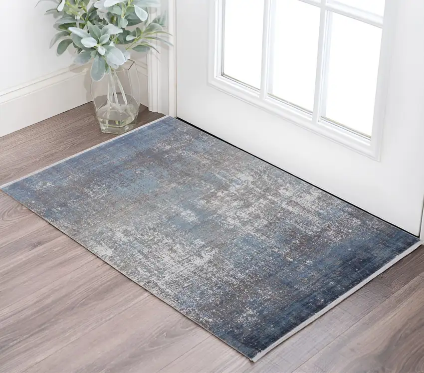 Blue and Gray Abstract Power Loom Distressed Area Rug With Fringe Photo 1