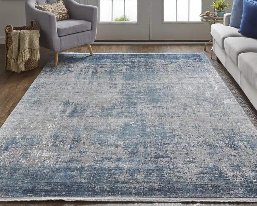 Blue Gray And Silver Abstract Power Loom Distressed Area Rug With Fringe Photo 6
