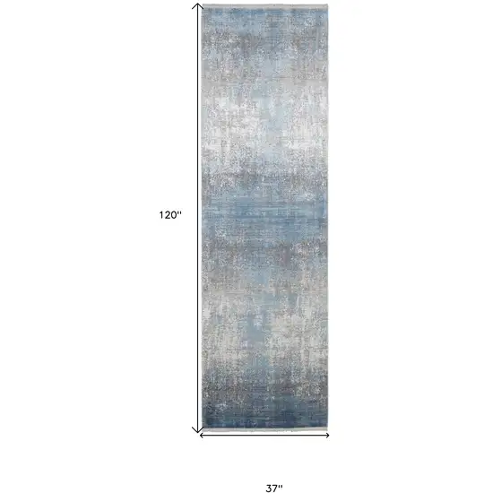 Blue Gray And Silver Abstract Power Loom Distressed Runner Rug With Fringe Photo 7